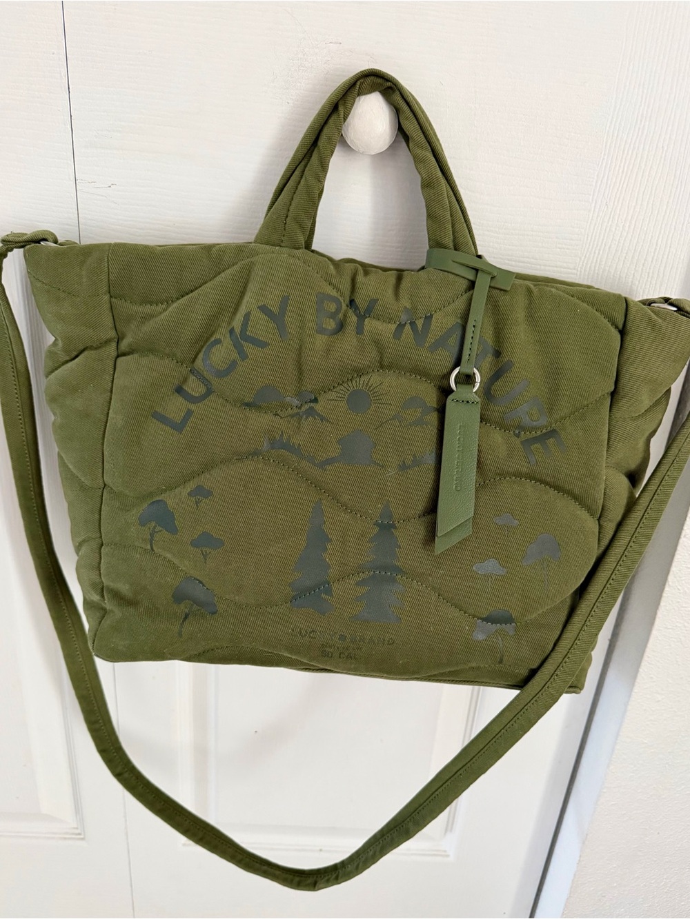Loden Green Lucky Brand "Lucky By Nature" quilted canvas tote bag. SZ 15 x 18.5